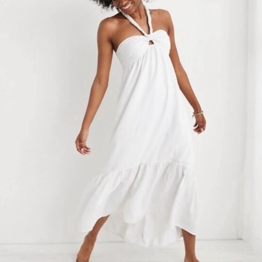 AERIE Linen Blend Braided Halter Hi Low White Maxi Dress Medium